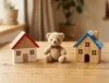 Dos casitas de juguete con un peluche en medio, custodia compartida