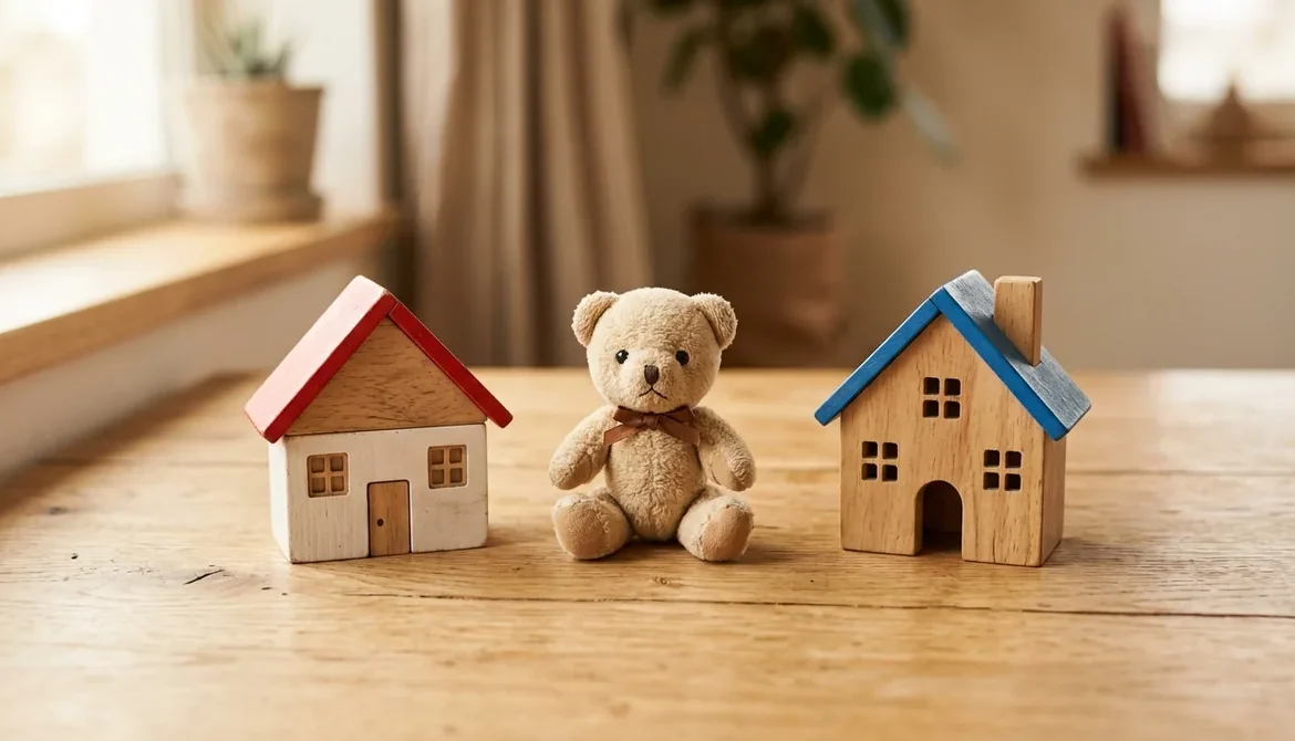 Dos casitas de juguete con un peluche en medio, custodia compartida