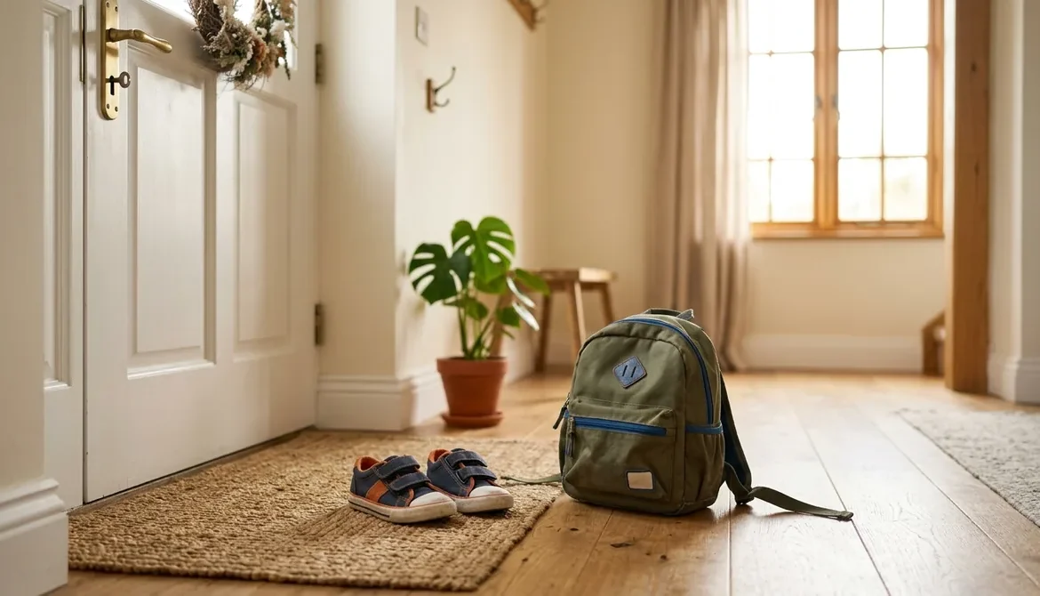 Zapatos de niño y una mochila junto a la puerta de casa, custodia compartida