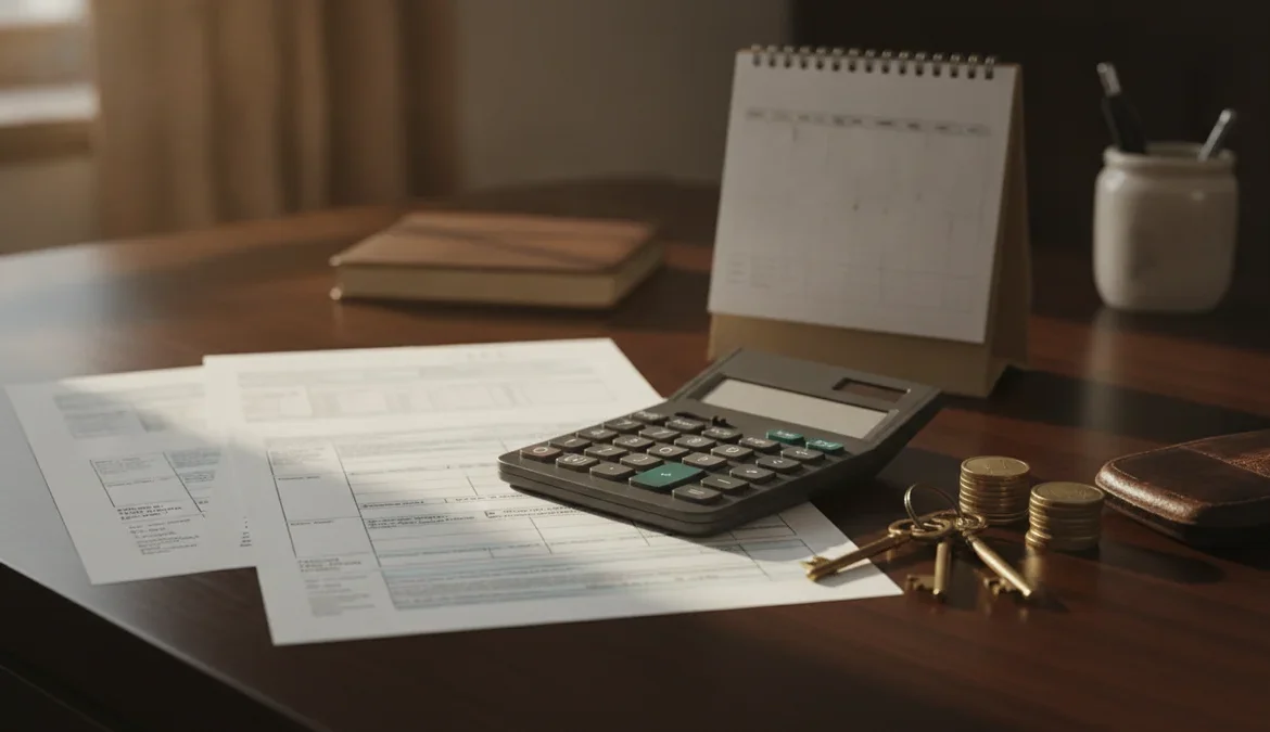 Impresos del Impuesto de Sucesiones, calculadora y llaves de una vivienda