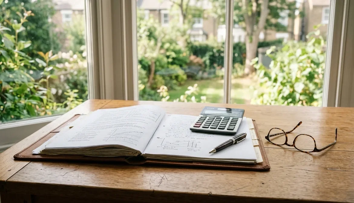 Carpeta, calculadora y gafas sobre un escritorio, tabla de la pensión compensatoria